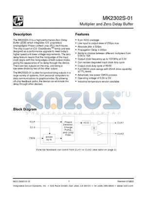 MK2302S-01 datasheet - Multiplier and Zero Delay Buffer