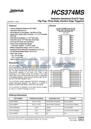 HCS374MS datasheet - Radiation Hardened Octal D-Type Flip-Flop, Three-State, Positive Edge Triggered