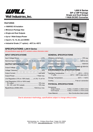 LANH1215N datasheet - SIP or DIP Package Single and Dual Output 1 Watt DC/DC Converter