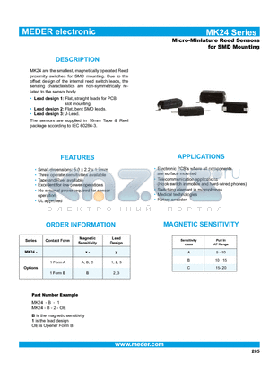 MK24-A-2 datasheet - Micro-Miniature Reed Sensors for SMD Mounting