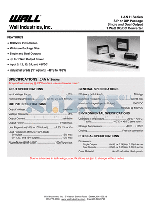 LANH4809N datasheet - SIP or DIP Package Single and Dual Output 1 Watt DC/DC Converter