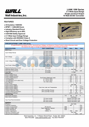 LANK1205W10 datasheet - 2:1 Wide Input Range Single and Dual Output 10 Watt DC/DC Converter