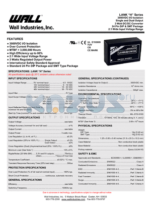 LANK1212DW3H datasheet - 3000VDC I/O Isolation Single and Dual Output 3 Watt DC/DC Converter 24 Pin DIP & SMT Package 2:1 Wide Input Voltage Range