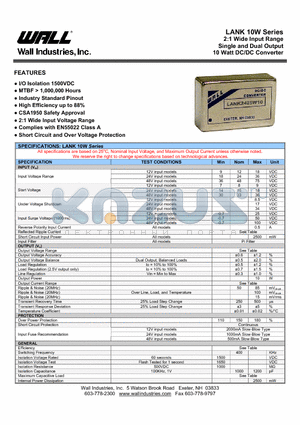 LANK2415W10 datasheet - 2:1 Wide Input Range Single and Dual Output 10 Watt DC/DC Converter