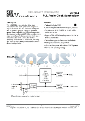 MK2704S datasheet - PLL Audio Clock Synthesizer