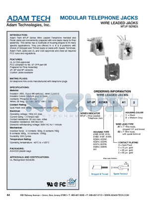 MTJP-616L datasheet - MODULAR TELEPHONE JACKS WIRE LEADED JACKS