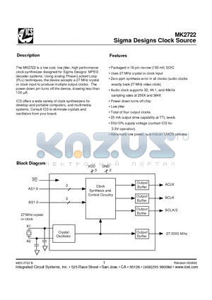 MK2722-01S datasheet - Sigma Designs Clock Source