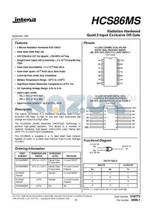 HCS86HMSR datasheet - Radiation Hardened Quad 2-Input Exclusive OR Gate