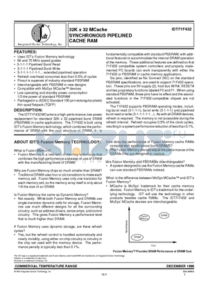IDT71F432L75PF datasheet - 32k X 32 mcACHE synchronous pipelined cache ram