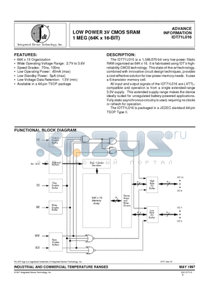IDT71L016L100PHI datasheet - LOW POWER 3V CMOS SRAM 1 MEG (64K x 16-BIT)