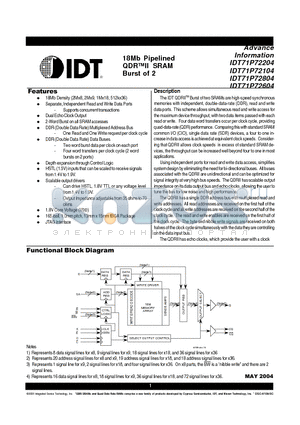 IDT71P72104S250BQ datasheet - 18Mb Pipelined QDRII SRAM Burst of 2