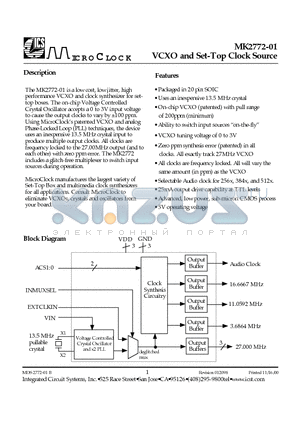 MK2772-01STR datasheet - VCXO and Set-Top Clock Source