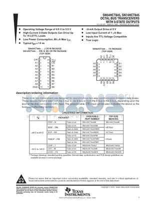 HCT645 datasheet - OCTAL BUS TRANSCEIVERS WITH 3-STATE OUTPUTS
