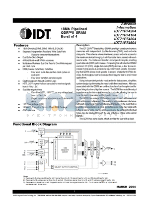 IDT71P74204S200BQ datasheet - 18Mb Pipelined QDR II SRAM Burst of 4