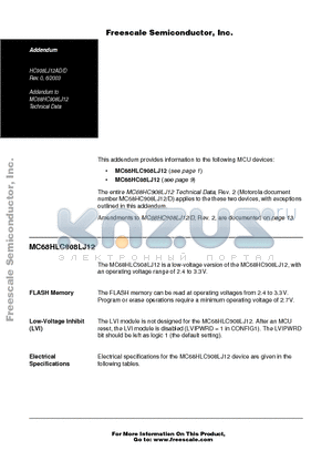 MC68HC08LJ12CFB datasheet - Addendum to MC68HC908LJ12 Technical Data