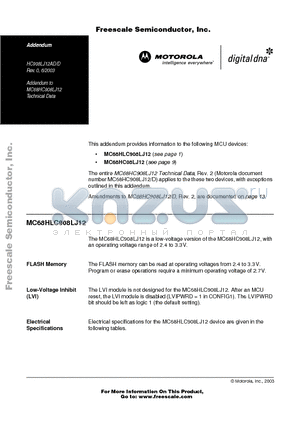 MC68HC08LJ12CFU datasheet - Addendum to MC68HC908LJ12