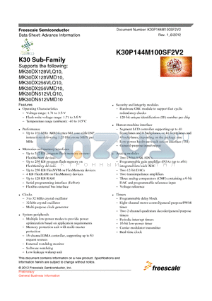 MK30DN512VMD10 datasheet - K30 Sub-Family