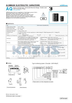 LAQ2D122MEL datasheet - ALUMINUM ELECTROLYTIC CAPACITORS