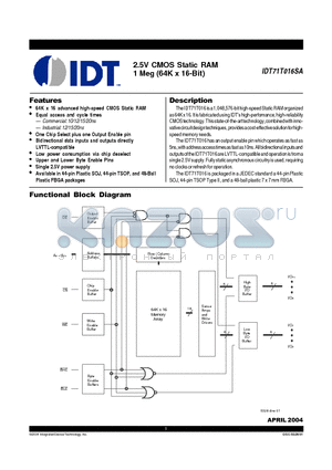 IDT71T016SA10Y datasheet - 2.5V CMOS Static RAM 1 Meg (64K x 16-Bit)