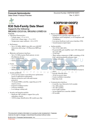 MK30N512VMB100 datasheet - Up to 100 MHz ARM Cortex-M4 core with DSP instructions delivering 1.25 Dhrystone MIPS per MHz