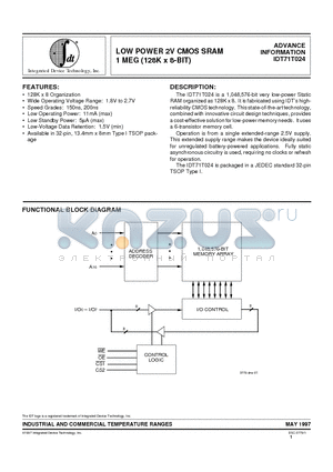 IDT71T024L200PZI datasheet - LOW POWER 2V CMOS SRAM 1 MEG (128K x 8-BIT)