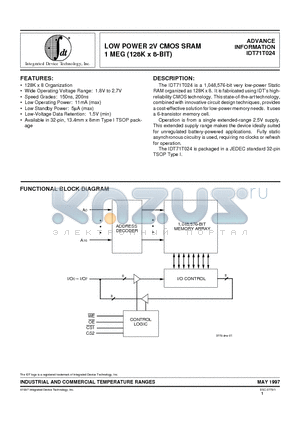 IDT71T024L150PZI datasheet - LOW POWER 2V CMOS SRAM 1 MEG (128K x 8-BIT)