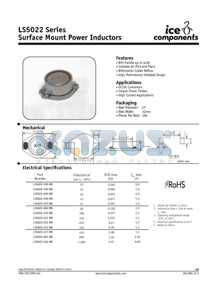 LS5022-221-RM datasheet - Surface Mount Power Inductors