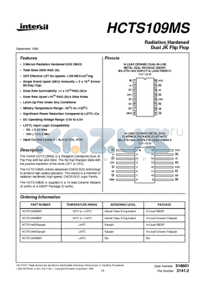 HCTS109K datasheet - Radiation Hardened Dual JK Flip Flop