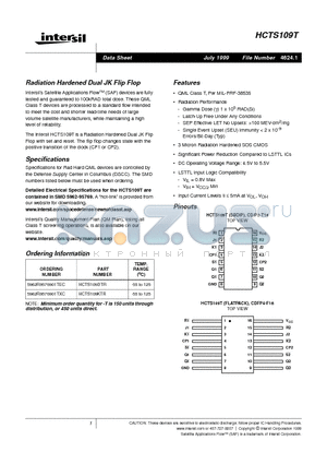 HCTS109T datasheet - Radiation Hardened Dual JK Flip Flop