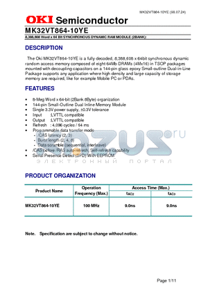 MK32VT864-10YE datasheet - 8,388,608 Word x 64 Bit SYNCHRONOUS DYNAMIC RAM MODULE (2BANK)