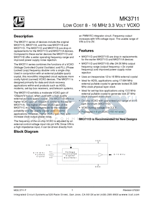 MK3711 datasheet - LOW COST 8 - 16 MHZ 3.3 VOLT VCXO