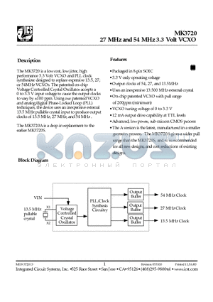 MK3720ATR datasheet - 27 MHz and 54 MHz 3.3 Volt VCXO
