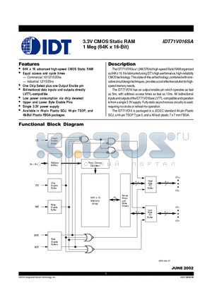 IDT71V016SA10YI8 datasheet - 3.3V CMOS Static RAM 1 Meg (64K x 16-Bit)