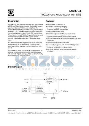 MK3724GLF datasheet - VCXO PLUS AUDIO CLOCK FOR STB