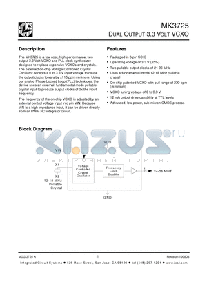 MK3725 datasheet - DUAL OUTPUT 3.3 VOLT VCXO