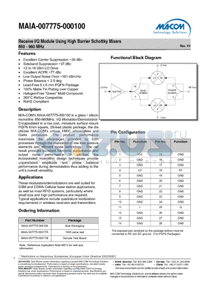 MAIA-007775-0001TR datasheet - Receive I/Q Module Using High Barrier Schottky Mixers 850 - 960 MHz