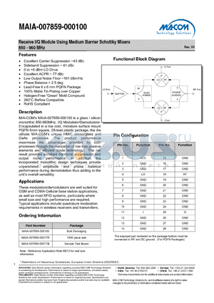 MAIA-007859-000100 datasheet - Receive I/Q Module Using Medium Barrier Schottky Mixers 850 - 960 MHz
