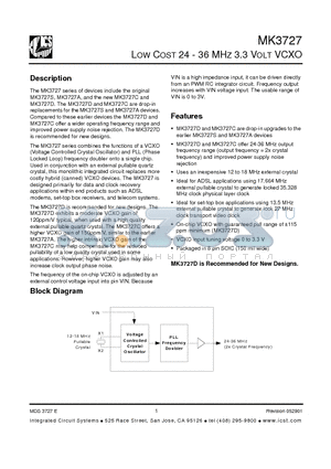 MK3727S datasheet - LOW COST 24 - 36 MHZ 3.3 VOLT VCXO