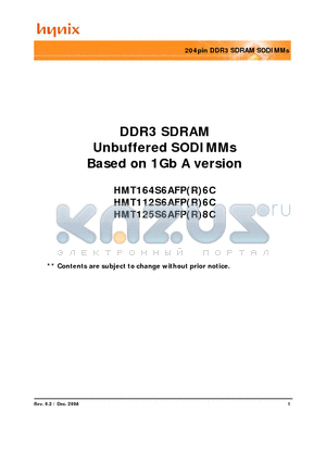 HMT164S6AFR6C-H8 datasheet - 204pin DDR3 SDRAM SODIMMs