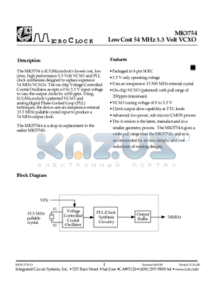 MK3754A datasheet - Low Cost 54 MHz 3.3 Volt VCXO