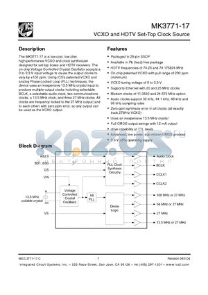 MK3771-17RLF datasheet - VCXO and HDTV Set-Top Clock Source