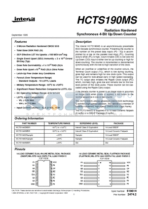 HCTS190D datasheet - Radiation Hardened Synchronous 4-Bit Up/Down Counter