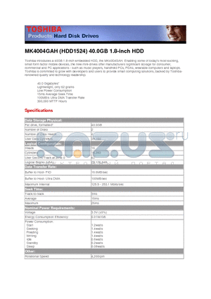 MK4004GAH datasheet - (HDD1524) 40.0GB 1.8-inch HDD