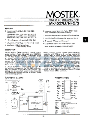 MK4027-3 datasheet - 4096 X 1 BIT DYNAMIC RAM