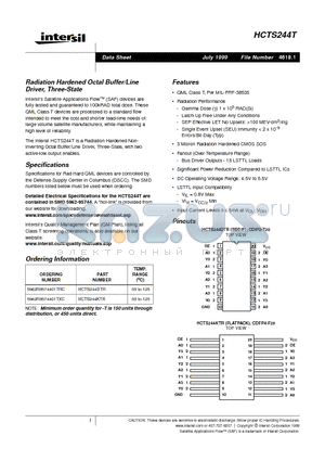 HCTS244DTR datasheet - Radiation Hardened Octal Buffer/Line Driver, Three-State