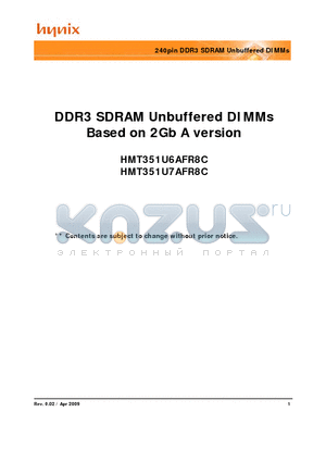 HMT351U7AFR8C-H9 datasheet - 240pin DDR3 SDRAM Unbuffered DIMMs