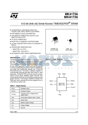 MK41T56N00TR datasheet - 512 bit 64b x8 Serial Access TIMEKEEPER SRAM