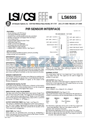 LS6505 datasheet - PIR SENSOR INTERFACE