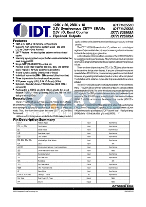 IDT71V2558S200BG datasheet - 128K x 36, 256K x 18 3.3V Synchronous ZBT SRAMs 2.5V I/O, Burst Counter Pipelined Outputs