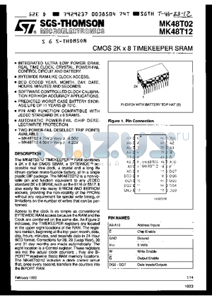 MK48T02B-15 datasheet - CMOS 2K x 8 TIMEKEEPER SRAM